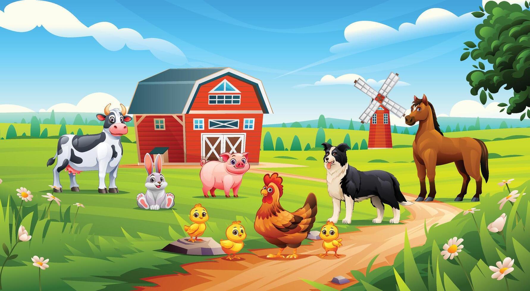 Cartoon farm animals including cow, pig, rabbit, hen, chicks, horse, and dog in green landscape vector