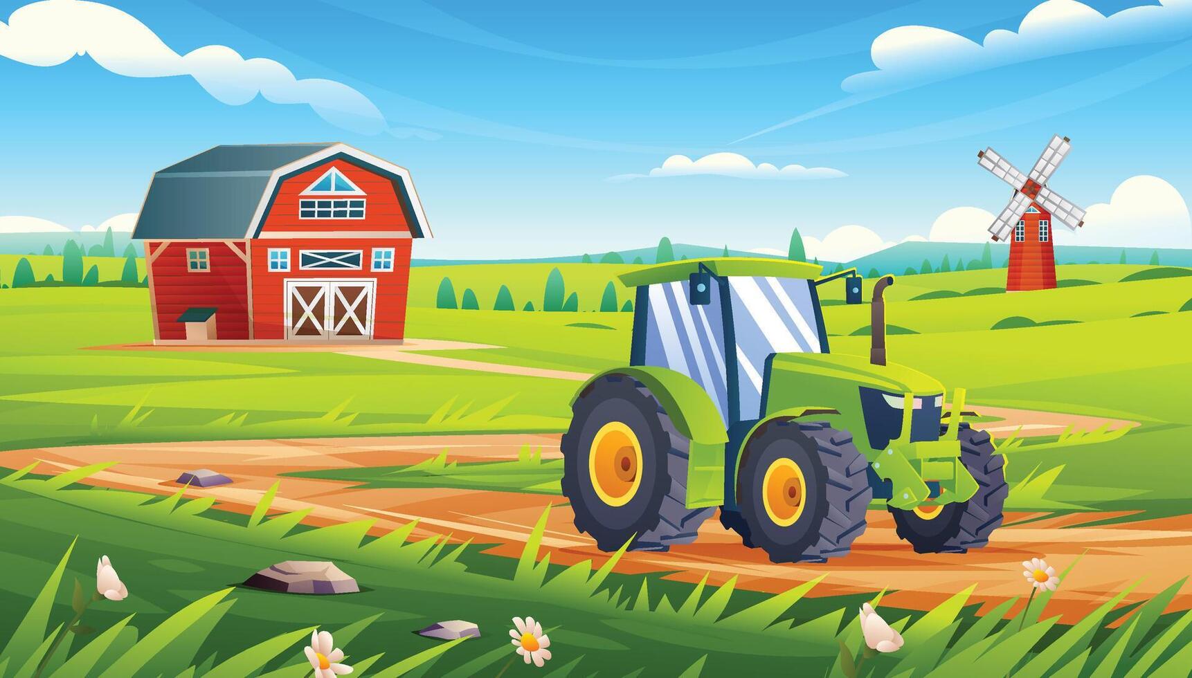 Rural farm field landscape. Tractor on dirt road in green field with barn and windmill view. Cartoon illustration vector