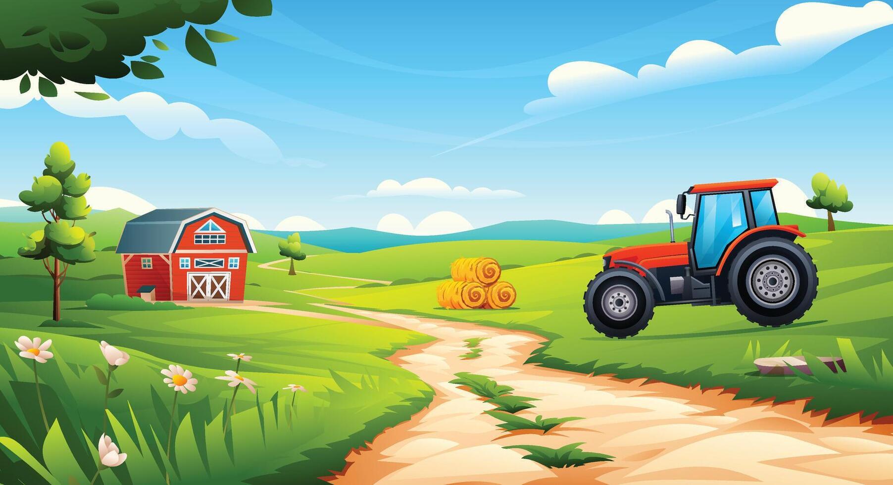 Rural farm field landscape. Tractor near hay bales and barn on green hills under sunny sky. Cartoon illustration vector
