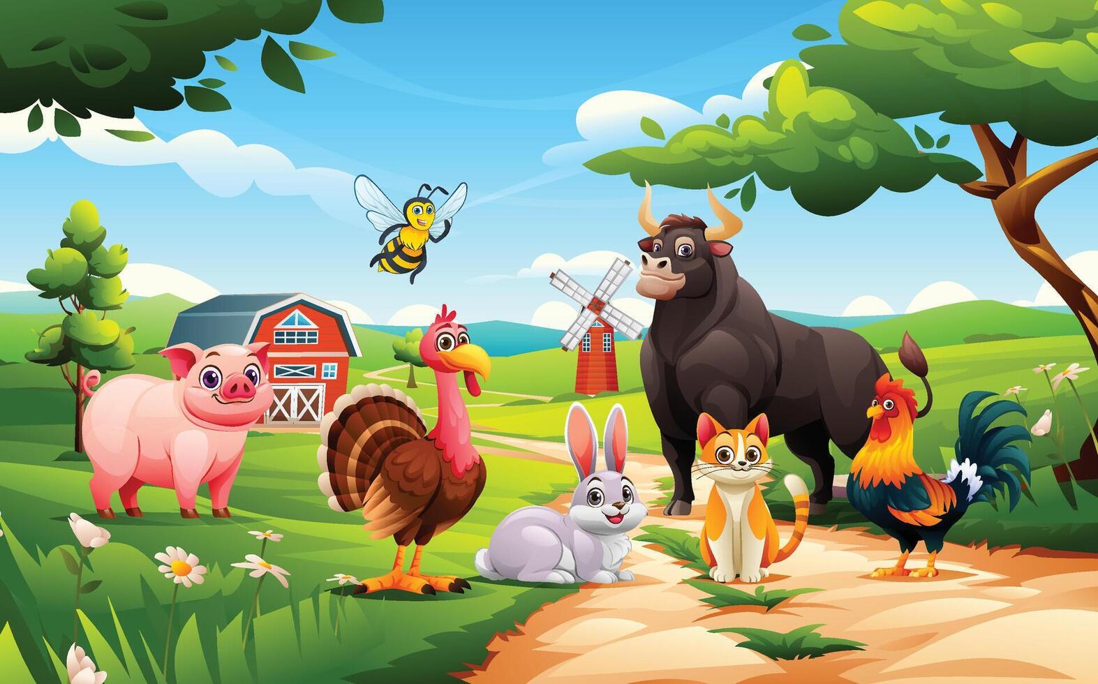 Farm animals including bull, pig, turkey, cat, rooster, rabbit, and bee in green pasture. Cartoon illustration vector