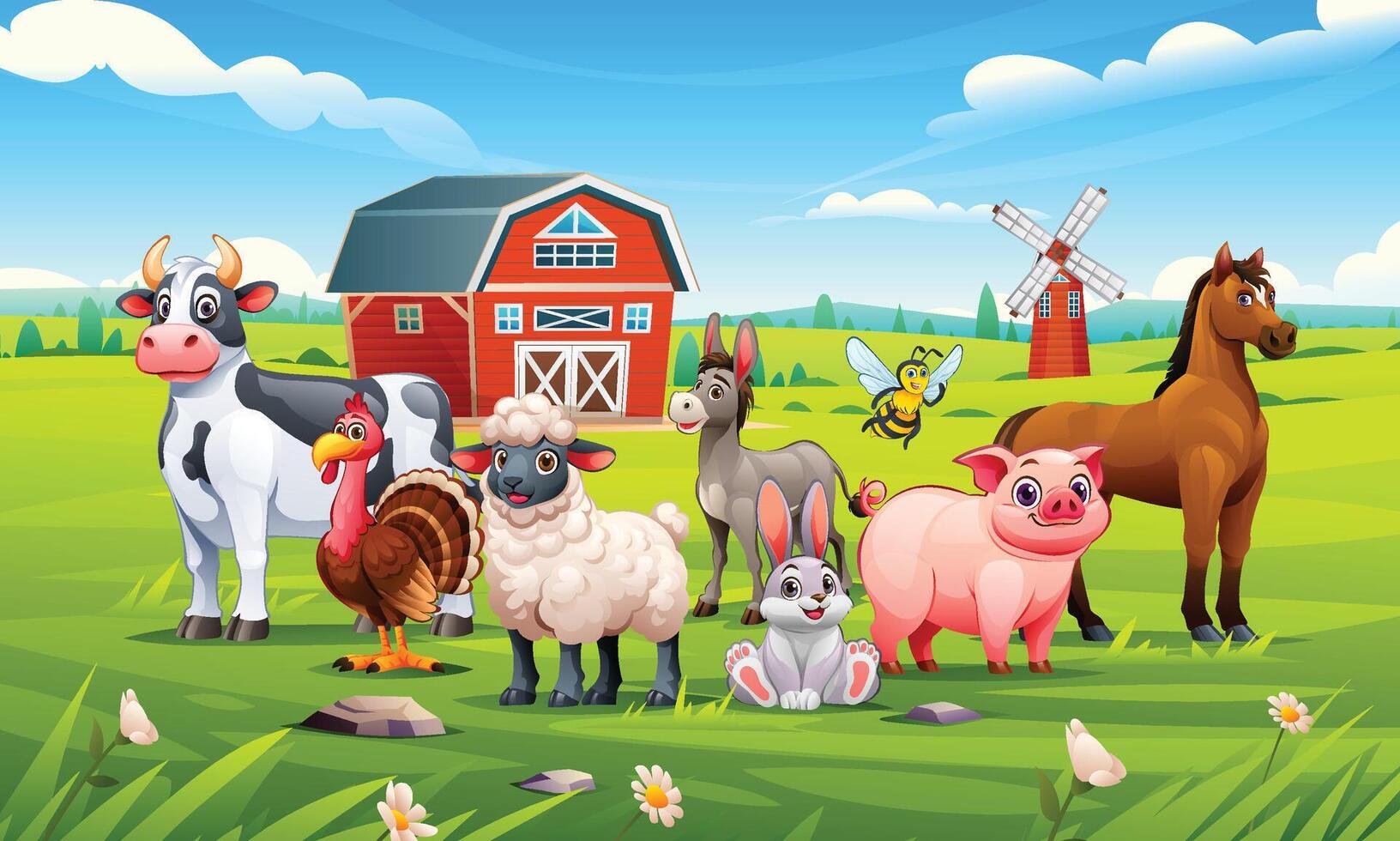 Farm animals including cow, pig, turkey, donkey, sheep, rabbit, horse, and bee in green landscape. Cartoon illustration vector