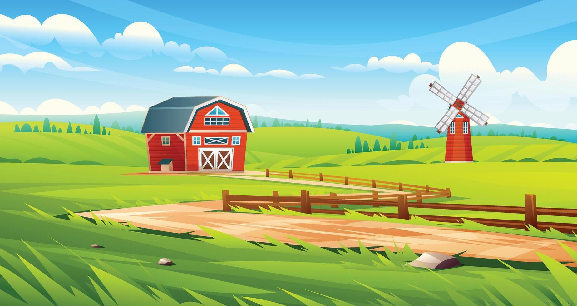 Wide countryside view with barn, windmill, fence and dirt path in grassy hills. Rural farm field landscape. Cartoon illustration vector