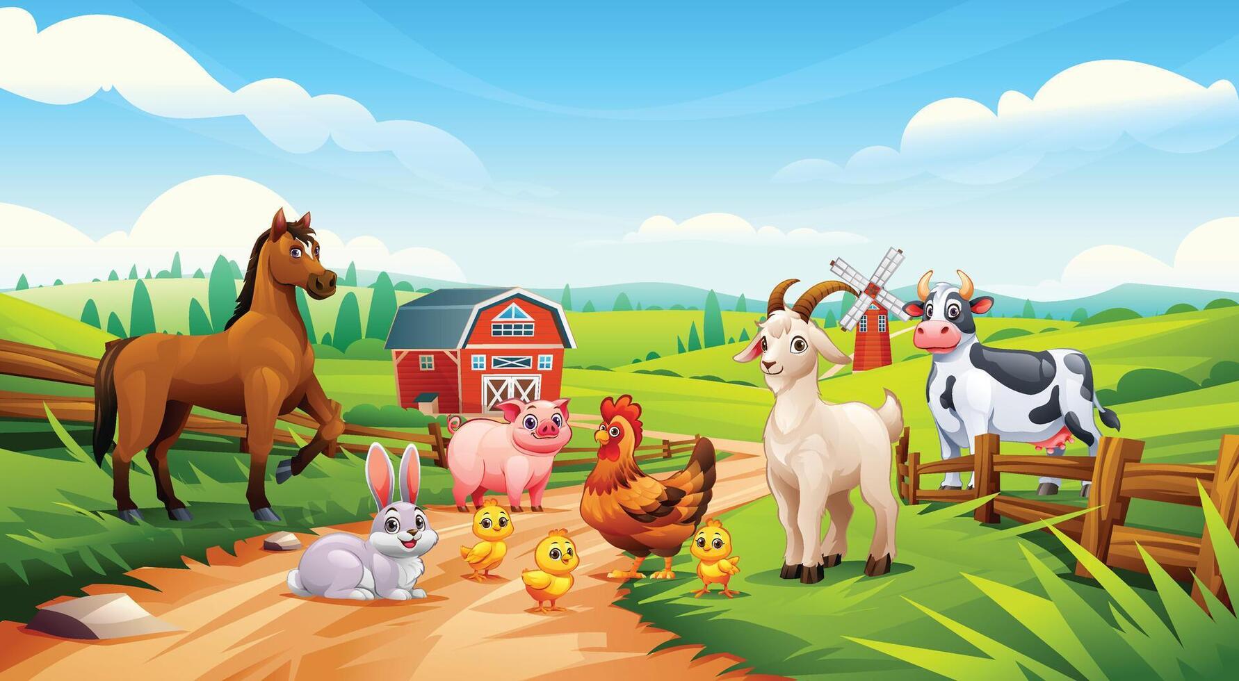 Group of farm animals including a horse, pig, goat, cow, rabbit, hen, and chicks in a green field. Cartoon illustration vector