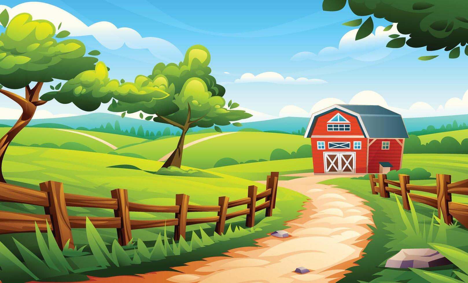 Charming farm path with red barn, wooden fence, and trees in rolling hills. Cartoon landscape illustration vector