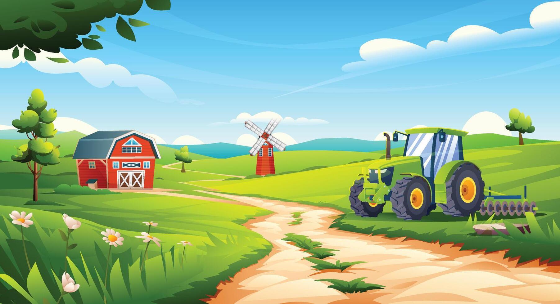 Rural farm field landscape. Tractor near barn and windmill in scenic green farmland. Cartoon illustration vector