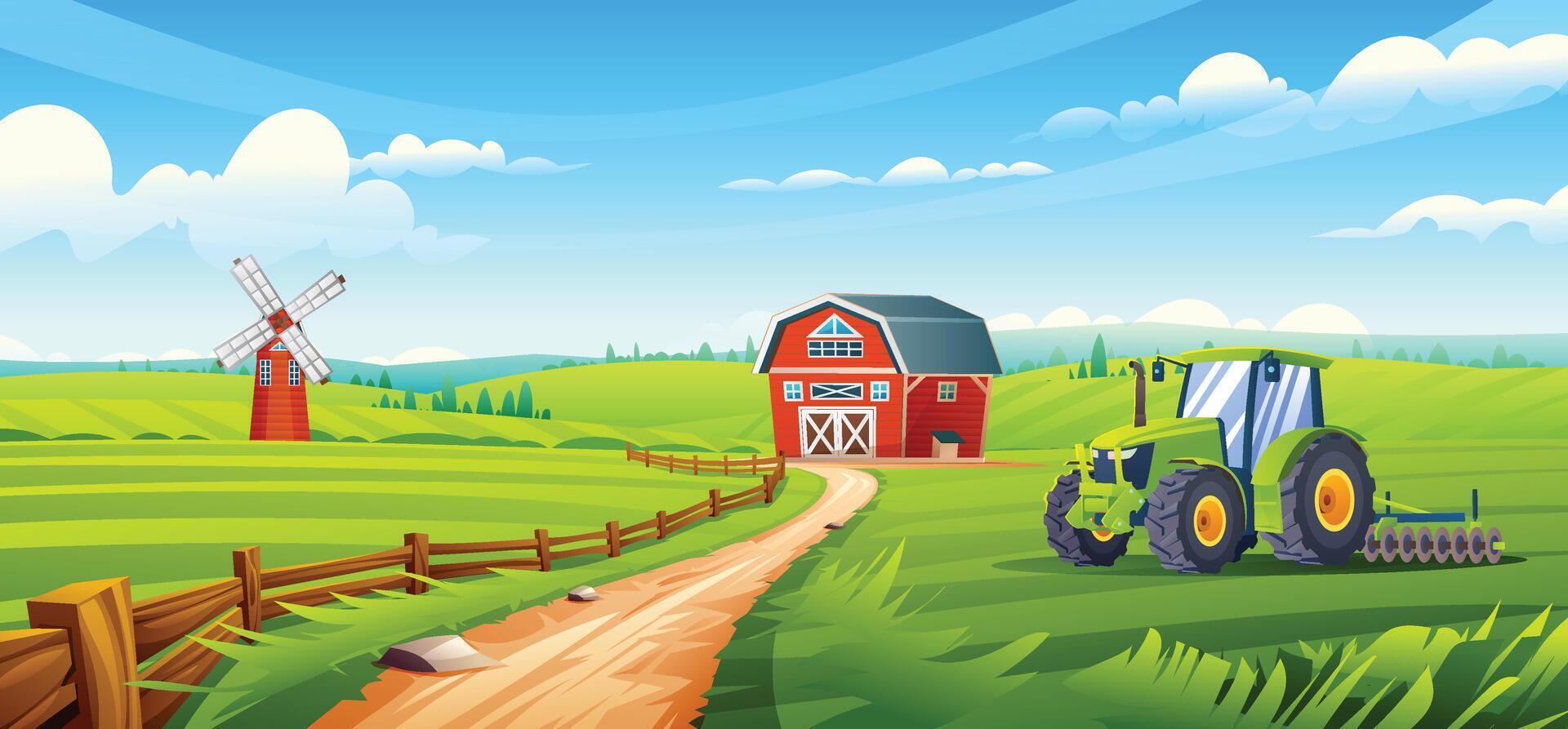 Rural farm field landscape. Tractor with barn and windmill on sunny farmland with hills and clear sky. Cartoon illustration vector