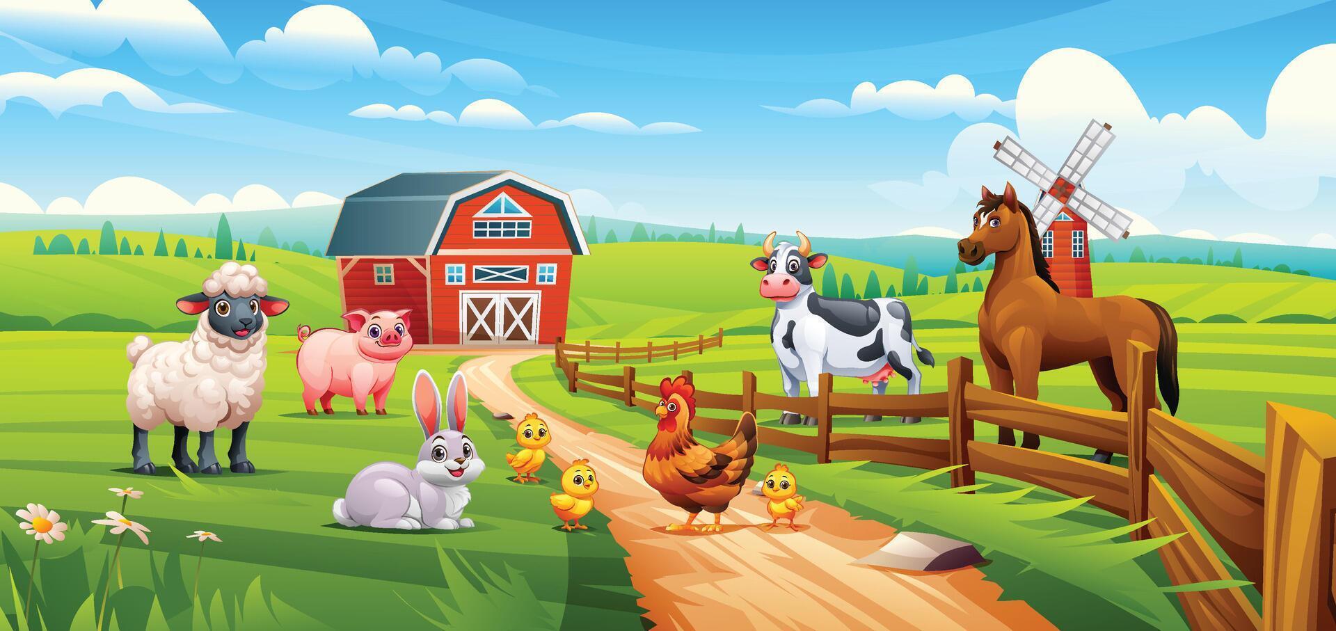 Farm animals like sheep, pig, rabbit, hen, chicks, cow, and horse in a green pasture with barn. Cartoon illustration vector
