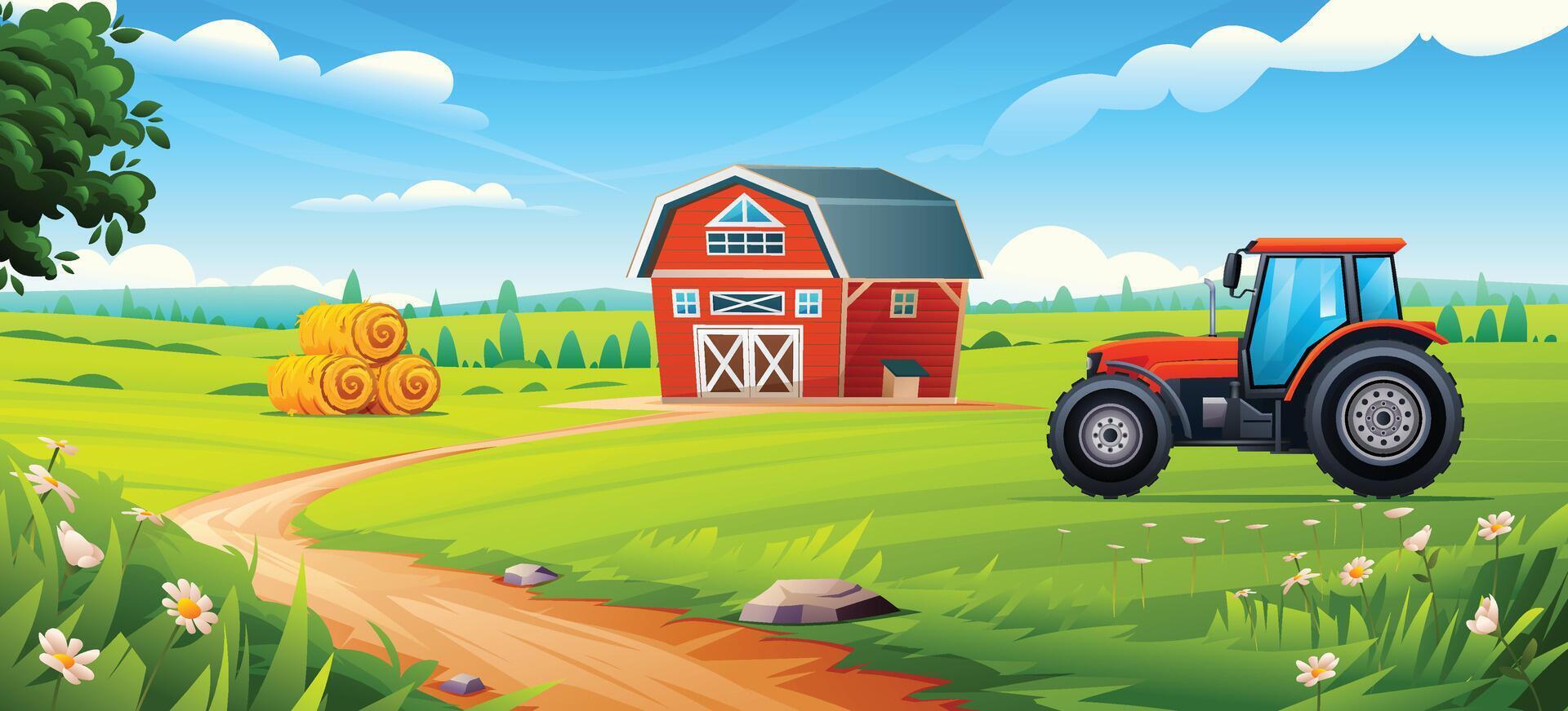 Rural farm field landscape. Red tractor near hay bales and barn on a bright summer day with green fields. Cartoon illustration vector