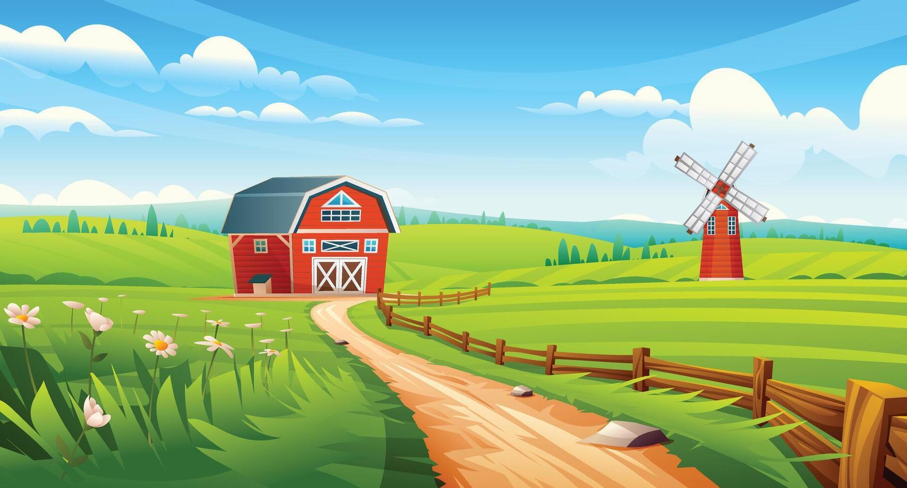 Red barn and windmill along curved dirt path with flowers and wooden fence. Rural farm field landscape. Cartoon illustration vector