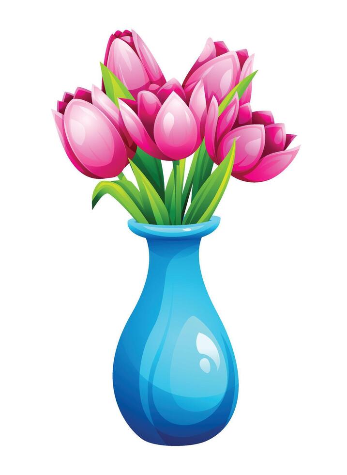 Pink tulips in a slender blue vase with leaves. Elegant decor. Cartoon illustration vector