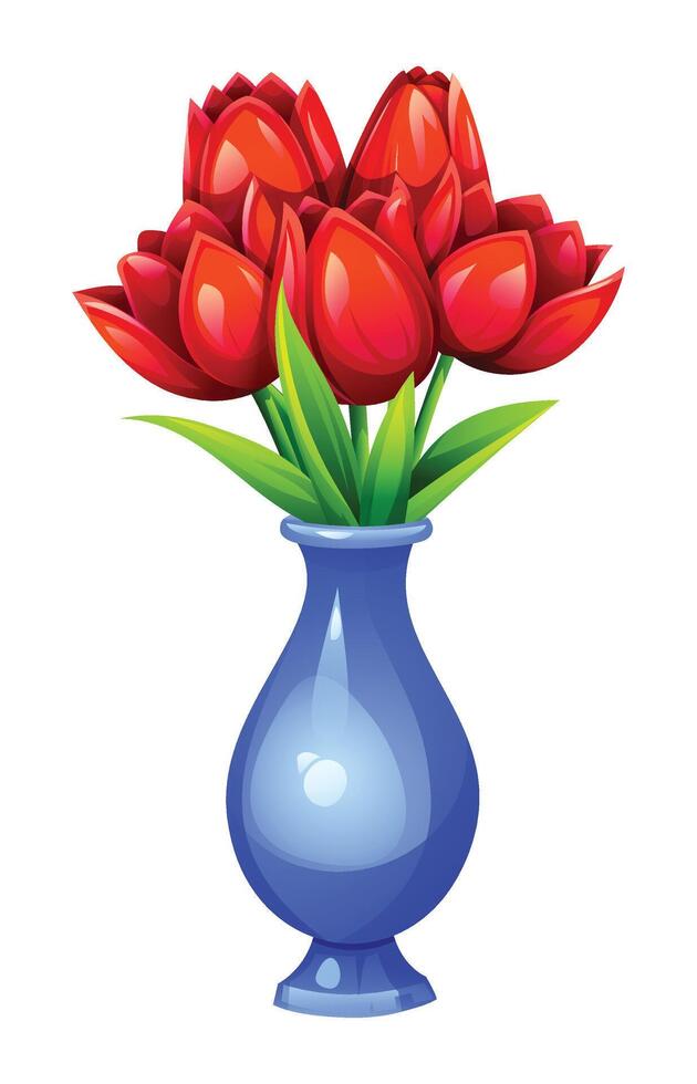 Red tulips in a glossy blue vase with leaves, bright and vivid. cartoon illustration vector