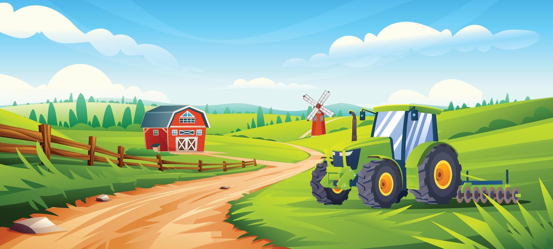 Rural farm field landscape. Tractor on a grassy hill with red barn, windmill, and wooden fence on sunny day. Cartoon illustration vector