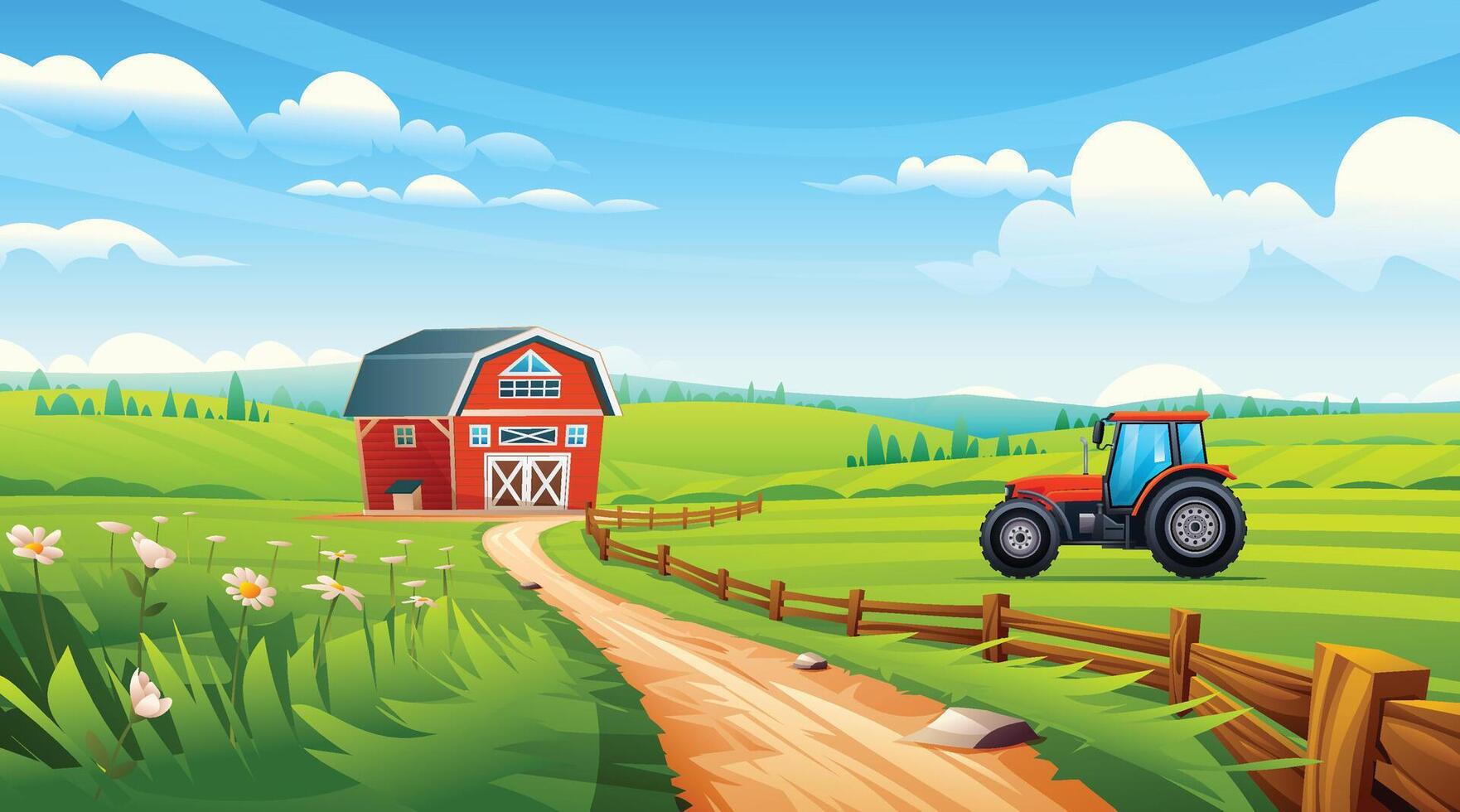 Rural farm field. Tractor on farmland near a barn on a green hilly landscape. Cartoon illustration vector