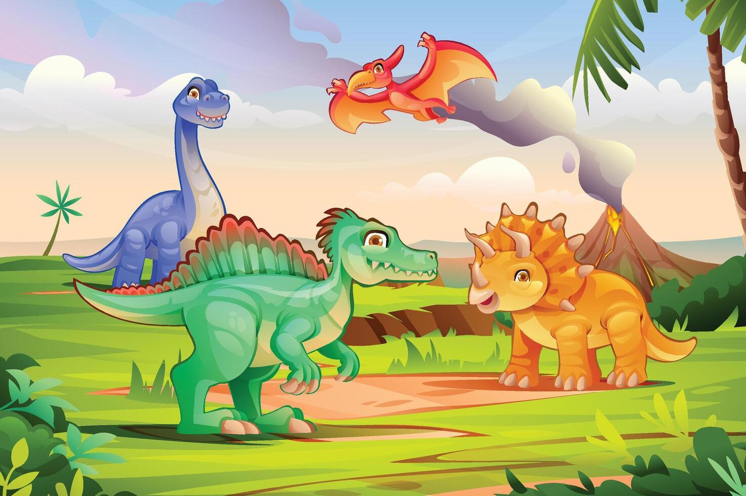 Dinosaurs interacting near a volcano with jungle plants around. Cartoon illustration vector