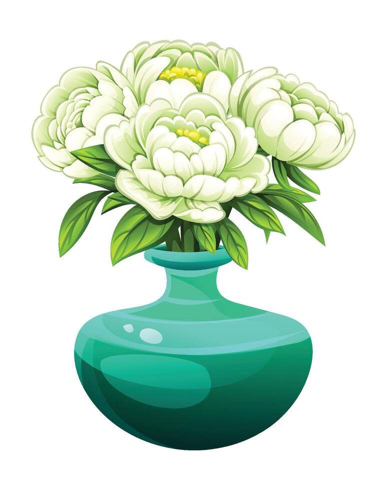 Elegant white peonies with lush green leaves in a teal vase. Cartoon illustration vector