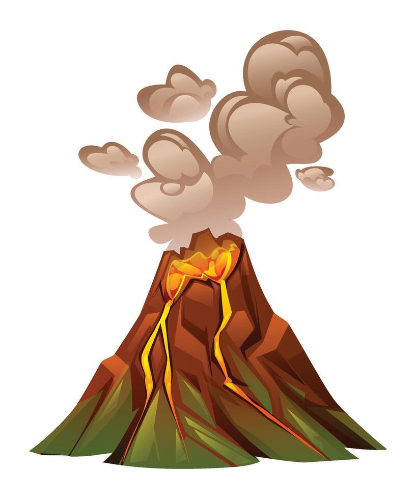 Volcano with thick smoke and lava flow on rocky mountain terrain. Cartoon illustration vector