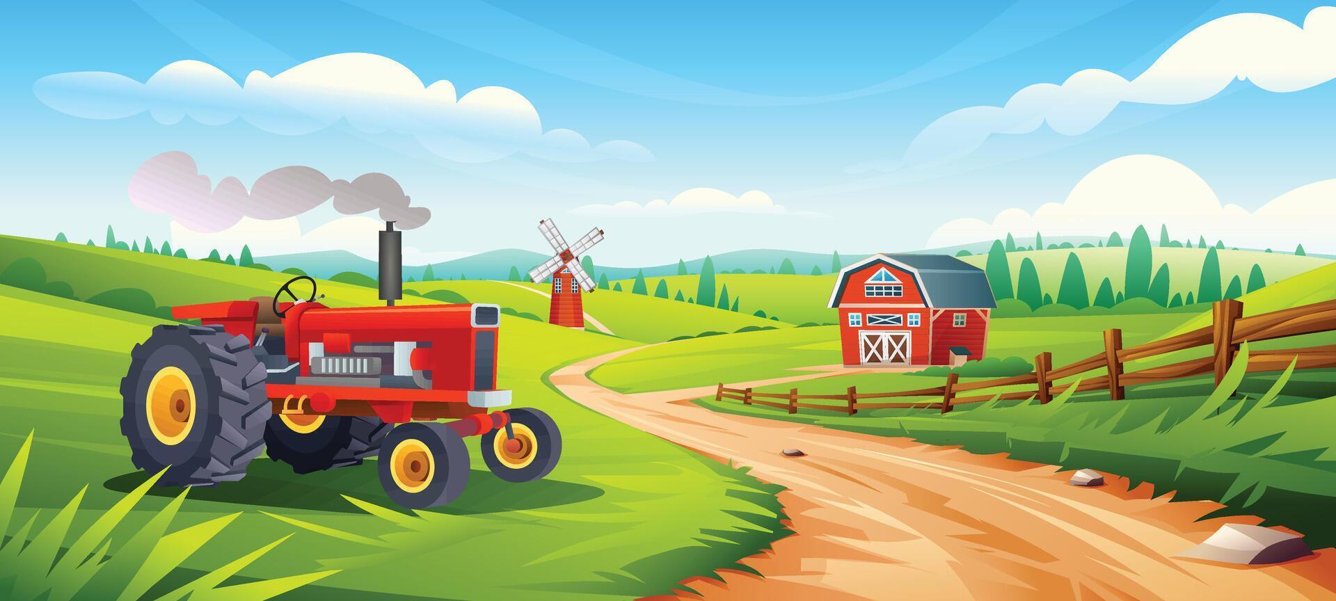 Rural farm field landscape. Tractor on grassy hill with barn and windmill behind. Cartoon illustration vector