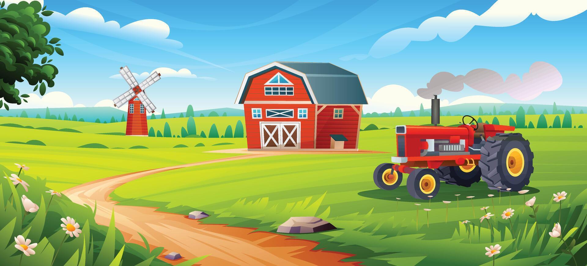 Vintage tractor on a green field with barn and windmill in the background. Rural farm field landscape. Cartoon illustration vector