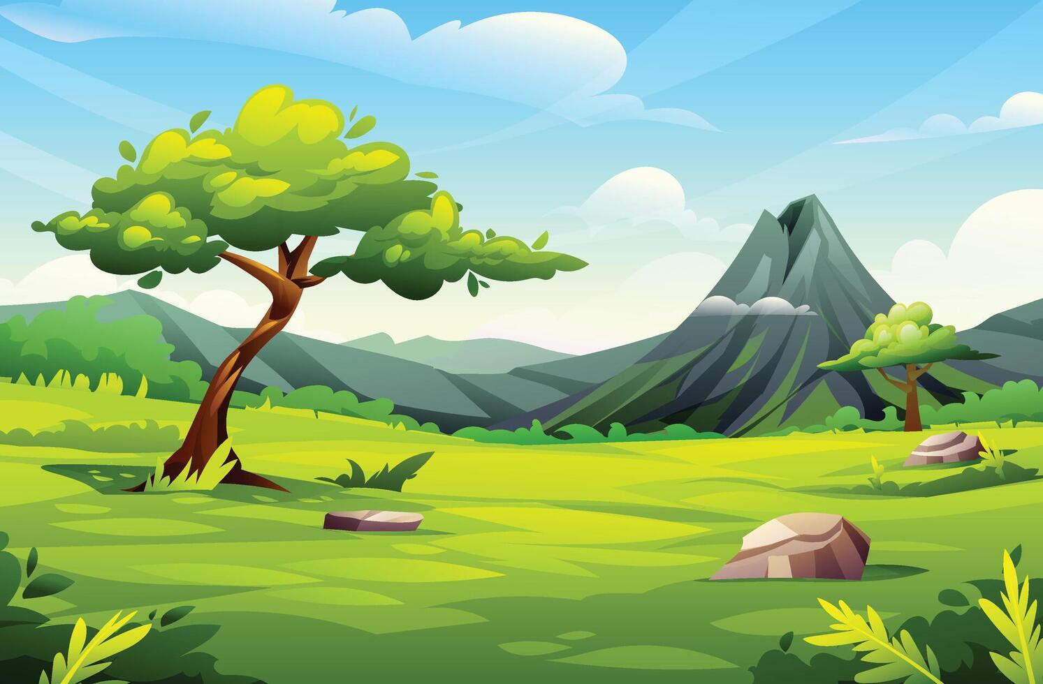 Lush green valley with tree and distant mountain under blue sky. Cartoon landscape illustration vector