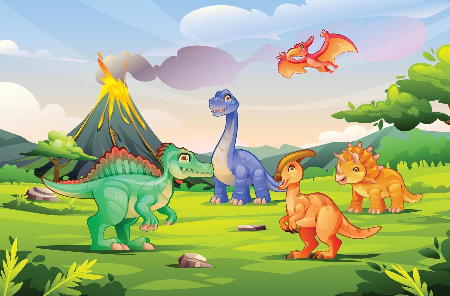 Cute dinosaurs playing in a prehistoric jungle with a volcano erupting in the background. Cartoon illustration vector