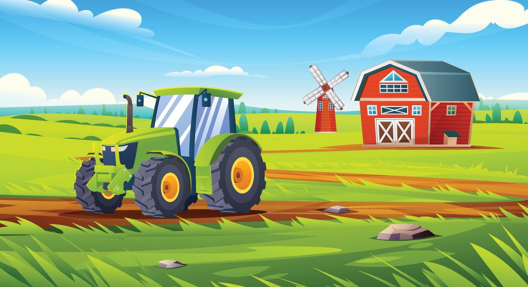 Rural farm field landscape. Tractor driving on dirt path near barn and windmill on farmland. Cartoon illustration vector
