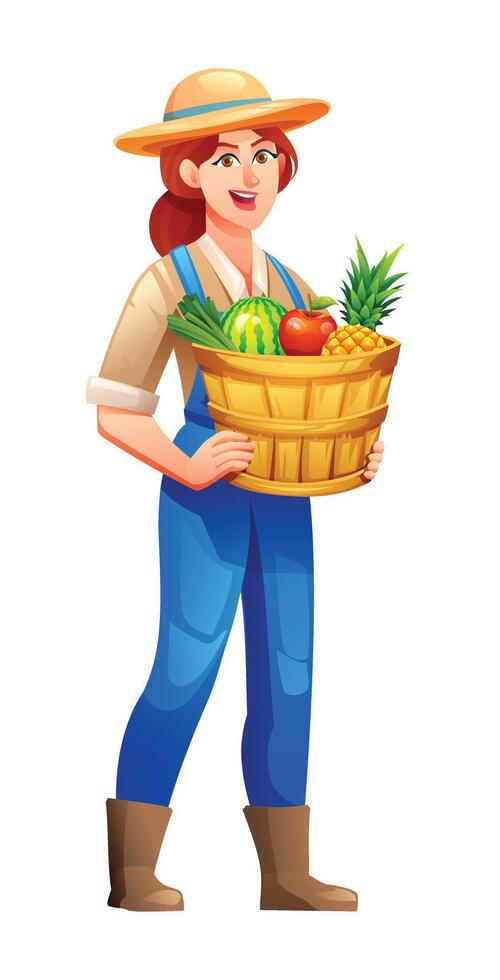Smiling female farmer holding a basket of fruits and vegetables. Cartoon character illustration vector