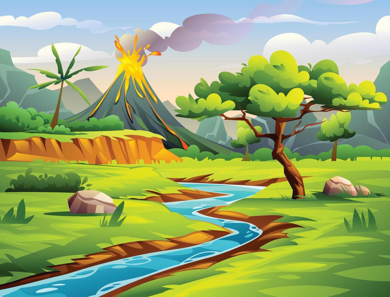 Erupting volcano near river and green valley with lush trees and mountains. Cartoon landscape illustration vector