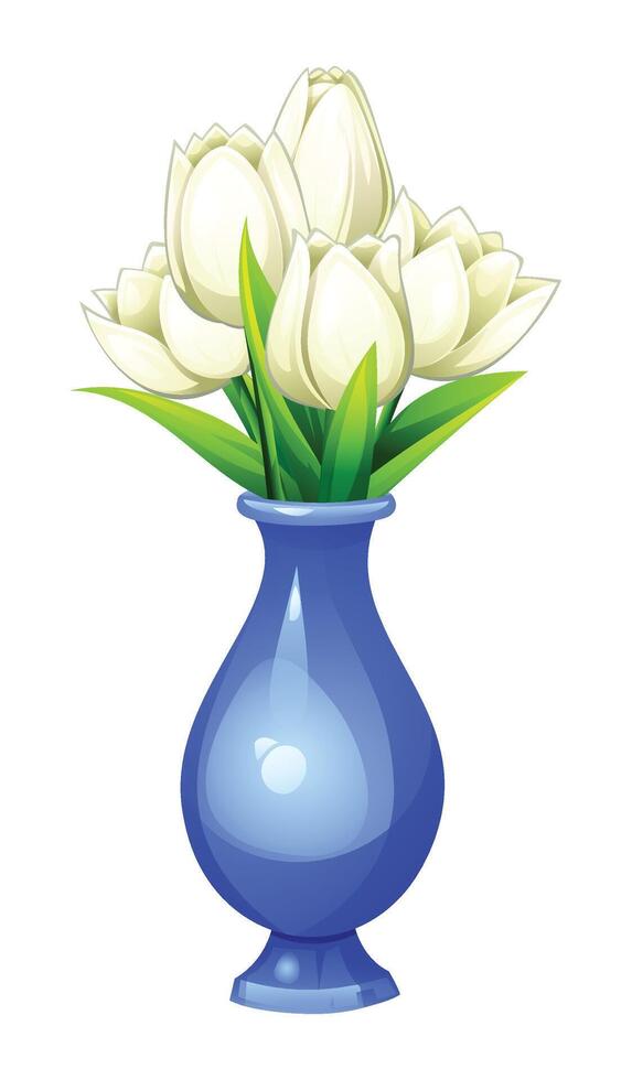Elegant white tulips in a blue vase with green leaves. Cartoon illustration vector