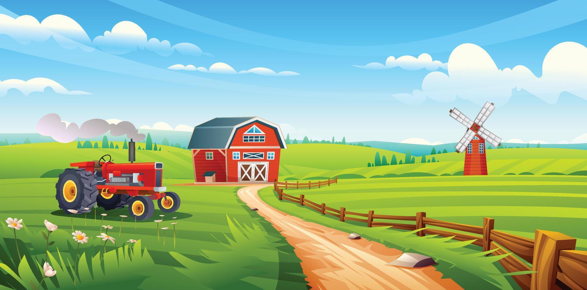 Rural farm field landscape. Vintage tractor in green field beside dirt road, barn and windmill in background. Cartoon illustration vector
