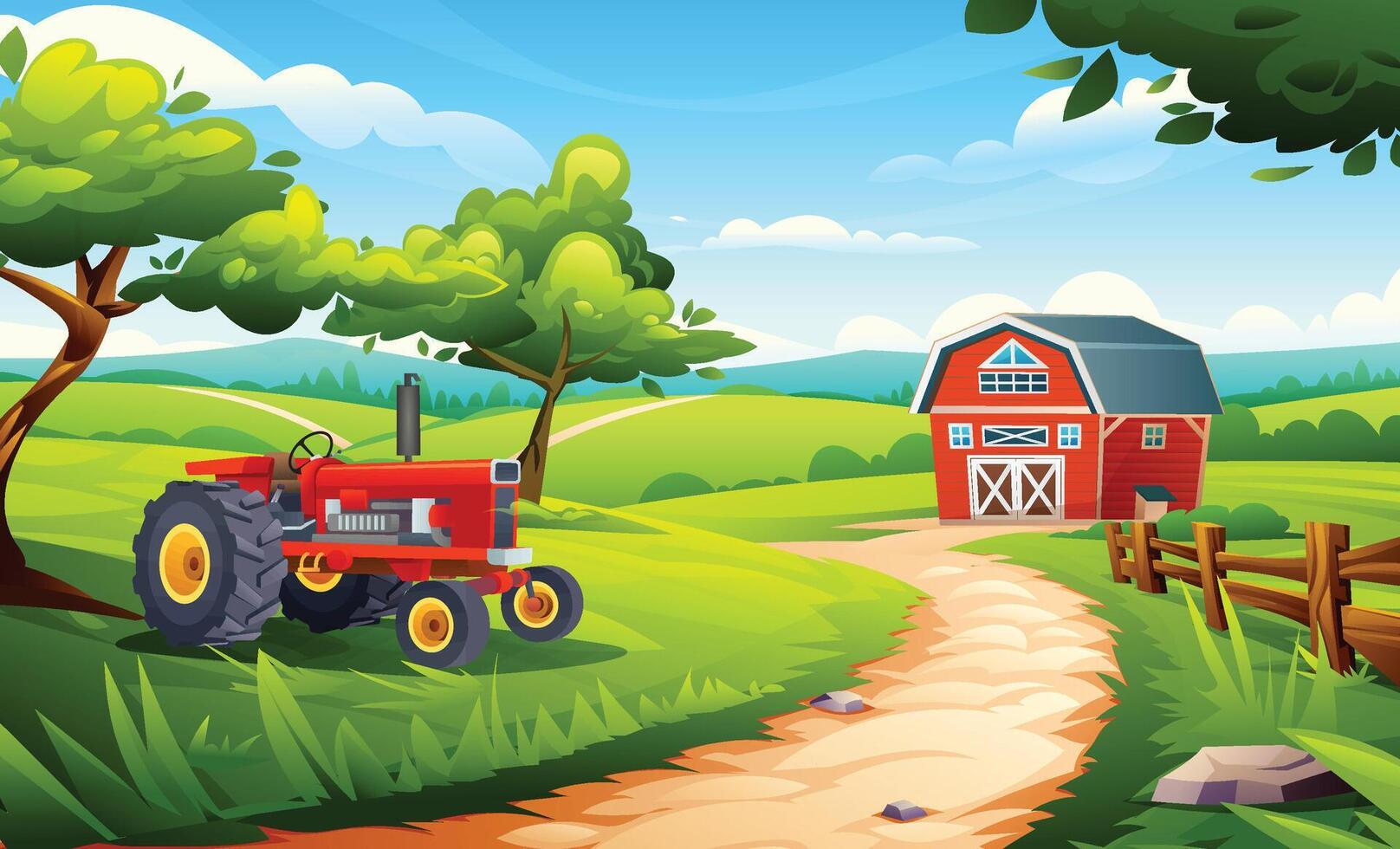 Rural farm field landscape. Red vintage tractor parked under trees near barn and farmland path. Cartoon illustration vector