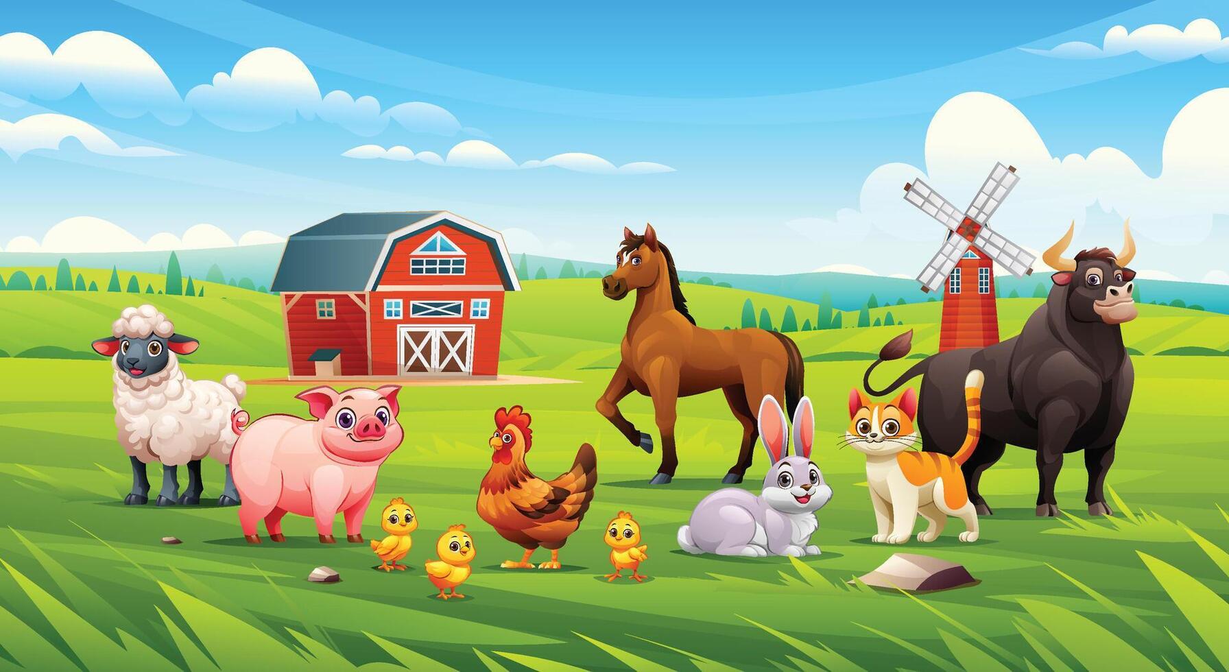 Cute farm animals like sheep, pig, horse, hen, chicks, cat, bull, and rabbit on grassy field. Cartoon illustration vector