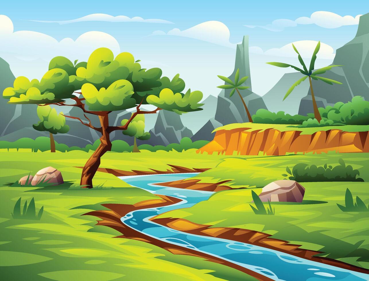 River flows through bright green valley with trees and mountains. Cartoon landscape illustration vector
