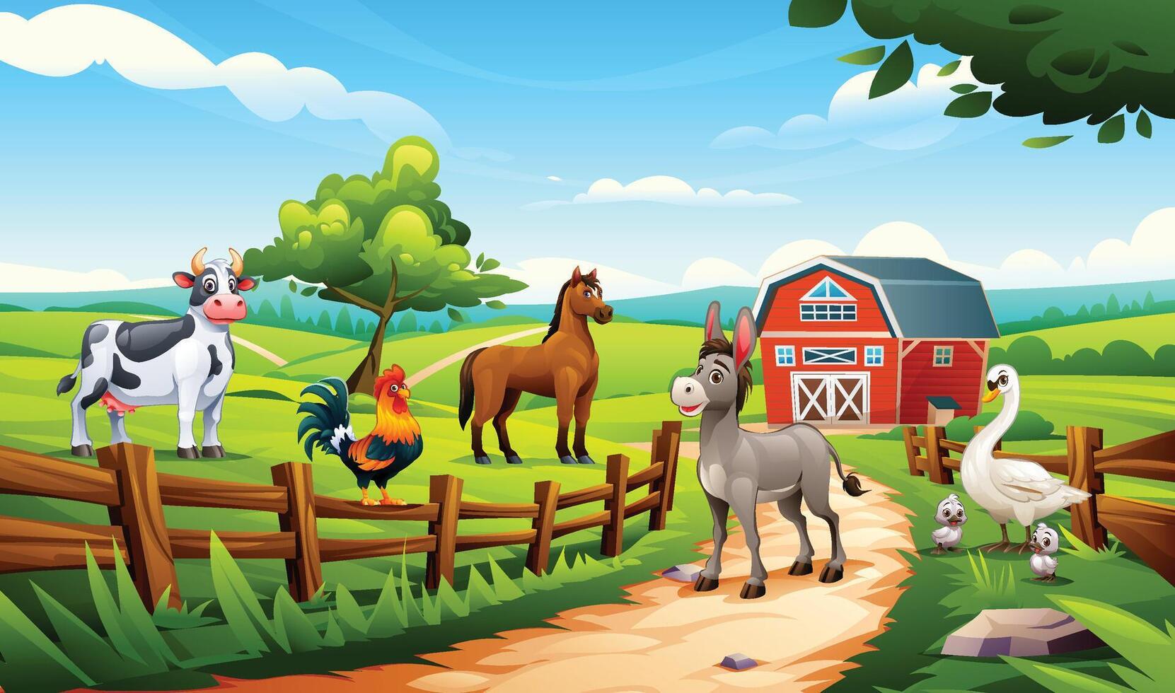 Farm scene with cow, horse, rooster, donkey, swan, and chicks in countryside with barn. Cartoon illustration vector