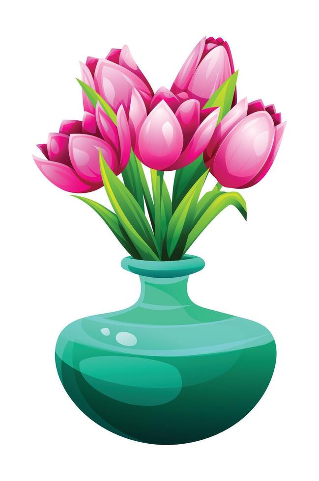 Pink tulips blooming with leaves in a turquoise vase. Cartoon illustration vector