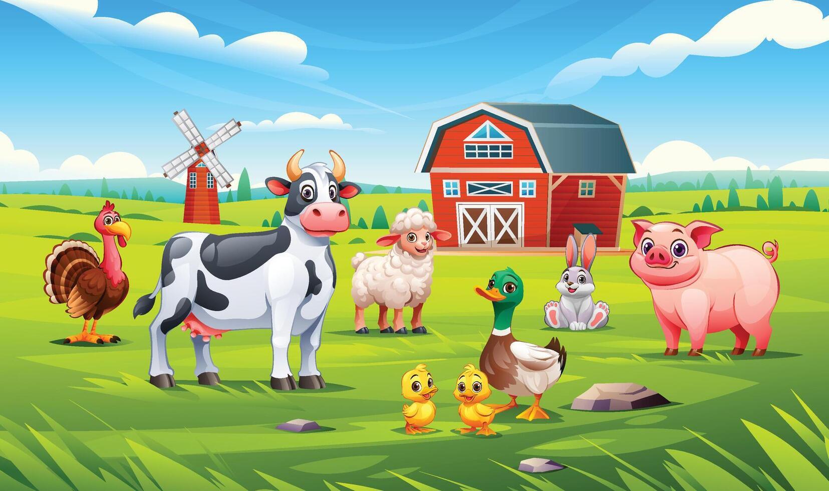 Domestic animals such as cow, pig, duck, lamb, rabbit, and turkey on farm. Cartoon illustration vector