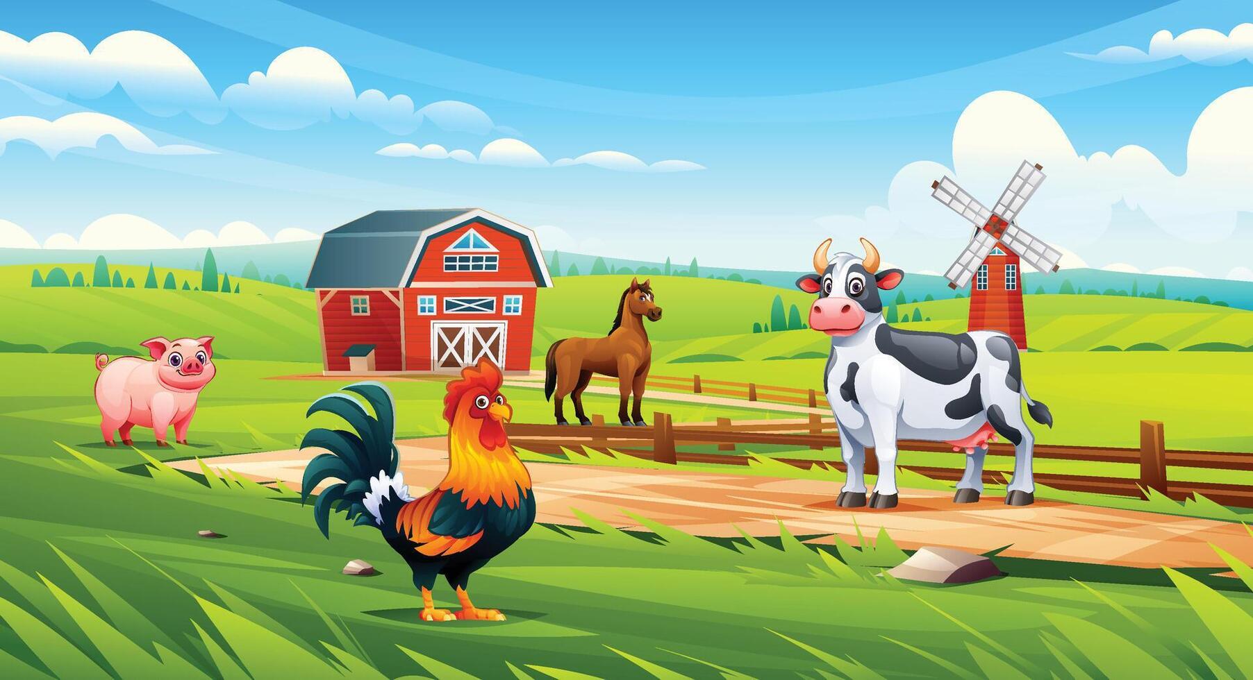 Farm animals including rooster, cow, pig, and horse standing on a sunny farm with barn and windmill. Cartoon illustration vector