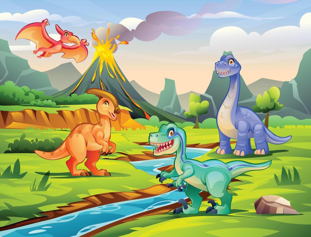 Dinosaurs by a river with an erupting volcano and flying pterodactyl in a lush valley. Cartoon illustration vector