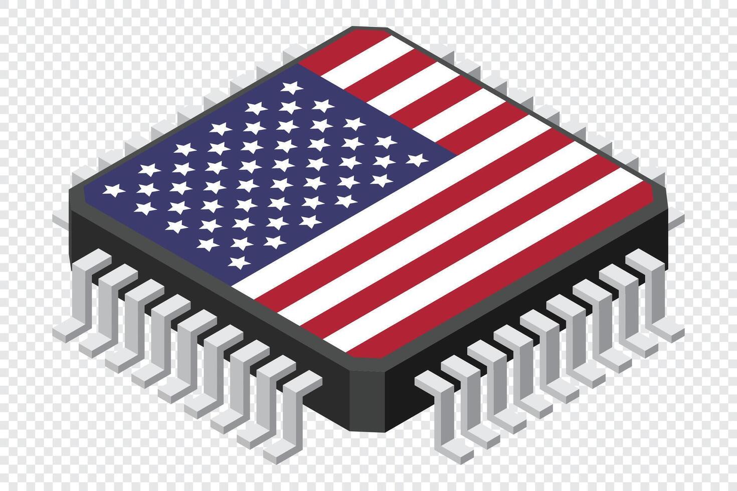 Microchip computer electronic component with USA flag. Microchip icon. Isometric microchip. Computer processor technology Microprocessor vector
