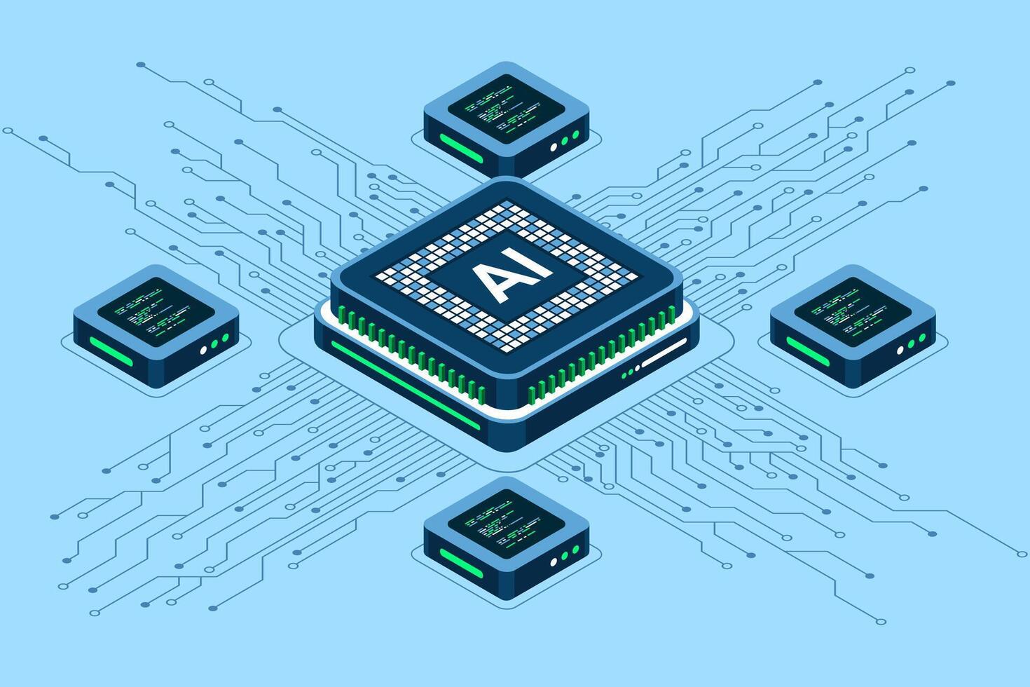 Isometric artificial intelligence chip concept. Artificial intelligence concept. Futuristic microchip processor, Isometric technology vector