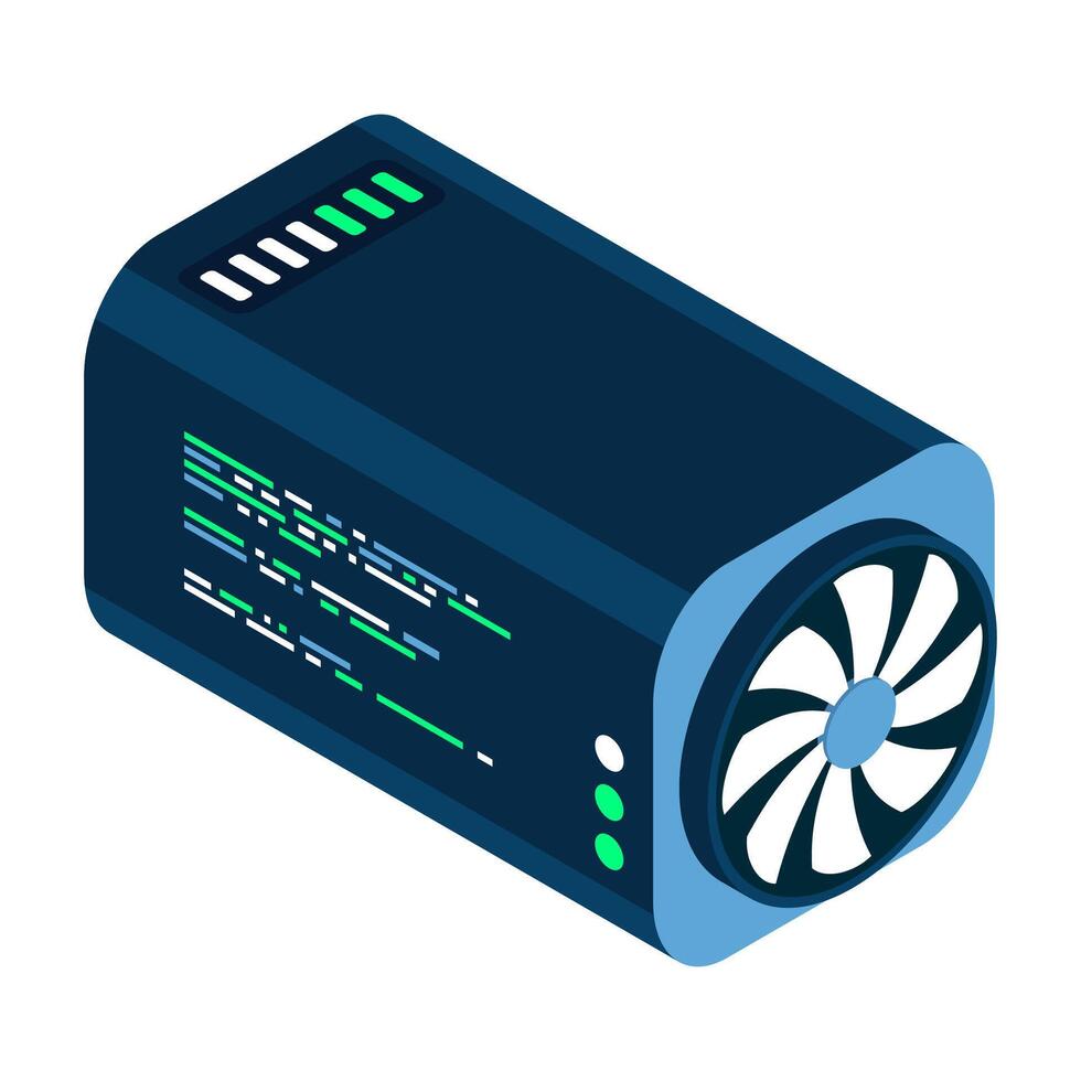 Isometric futuristic server. Isometric database or data center. Abstract blockchain. Computer storage. Cloud storage, Isometric technology vector