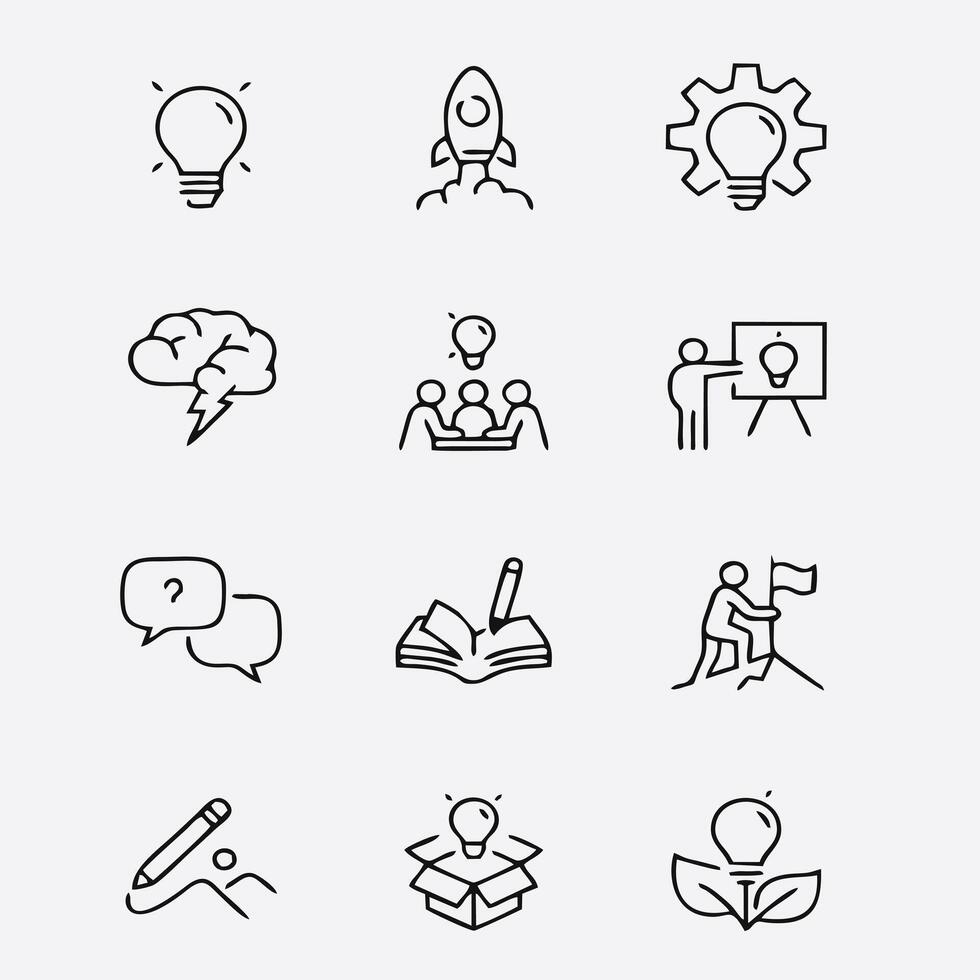 a set of icons that include a light bulb, a book, and a person vector