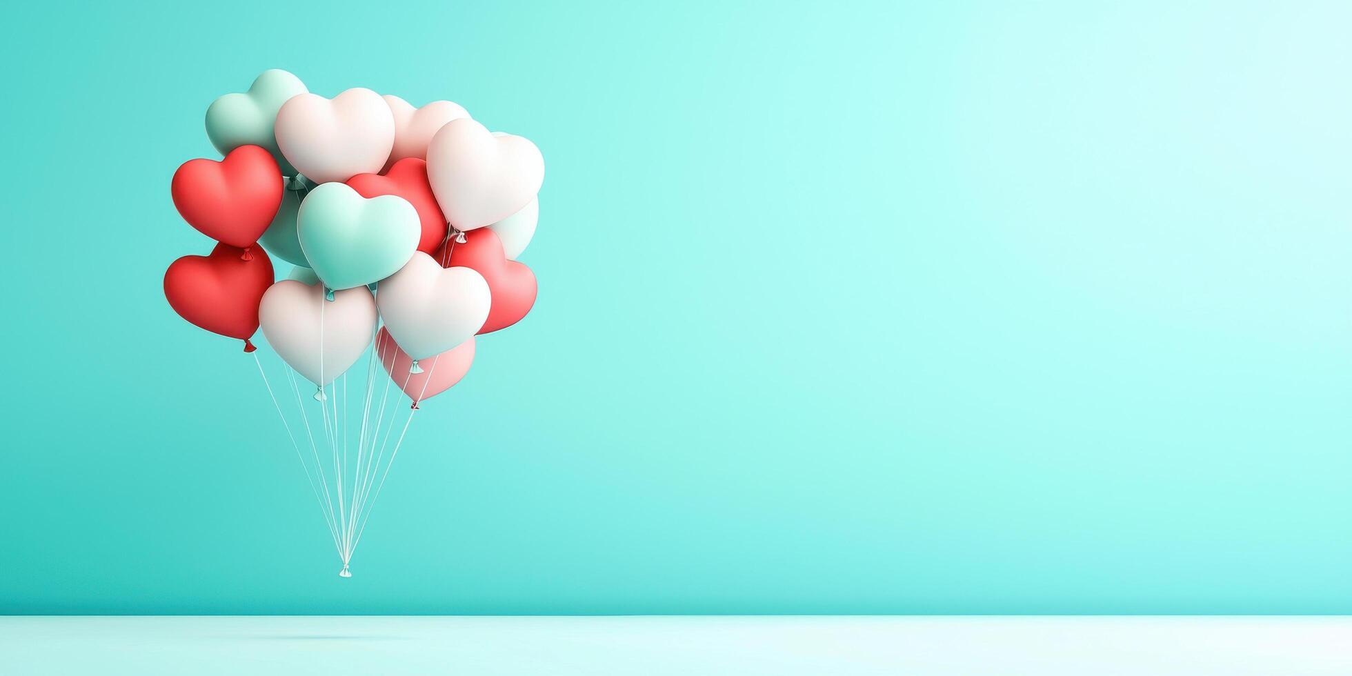 Heart shaped balloons floating against turquoise background, creating joyful atmosphere photo