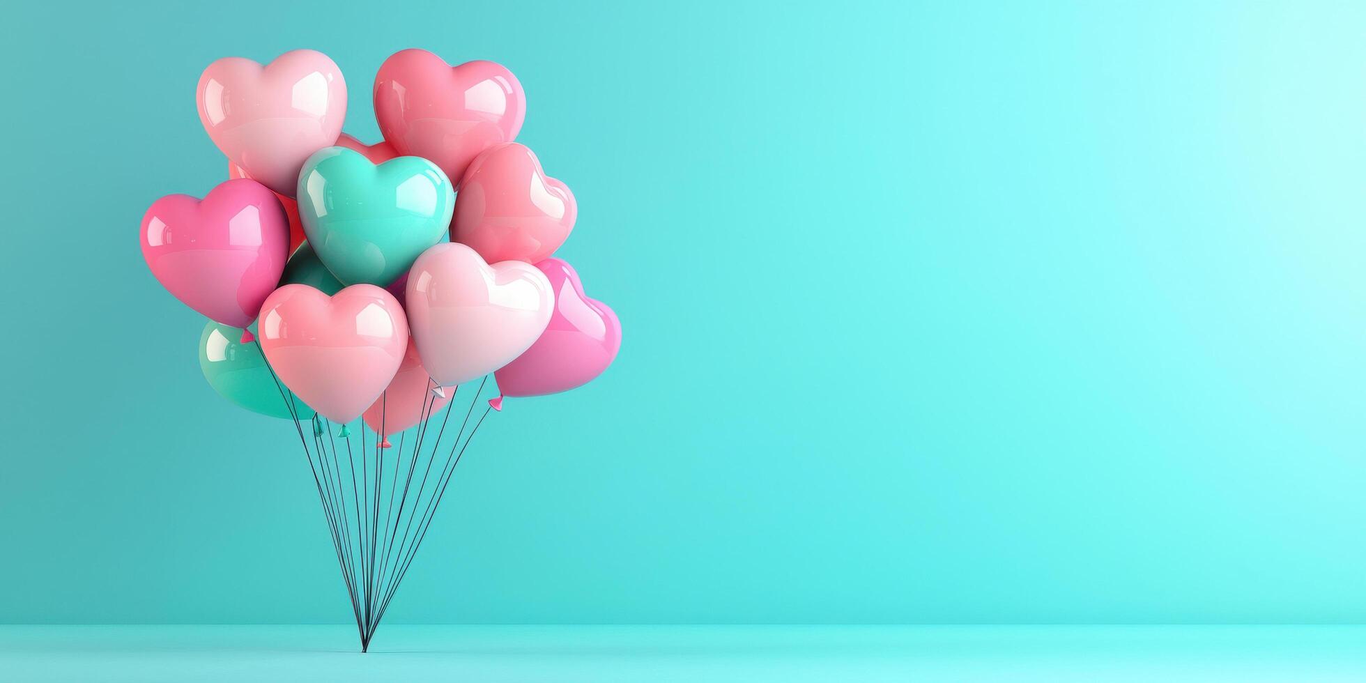 Colorful heart shaped balloons in pink and blue against turquoise background photo