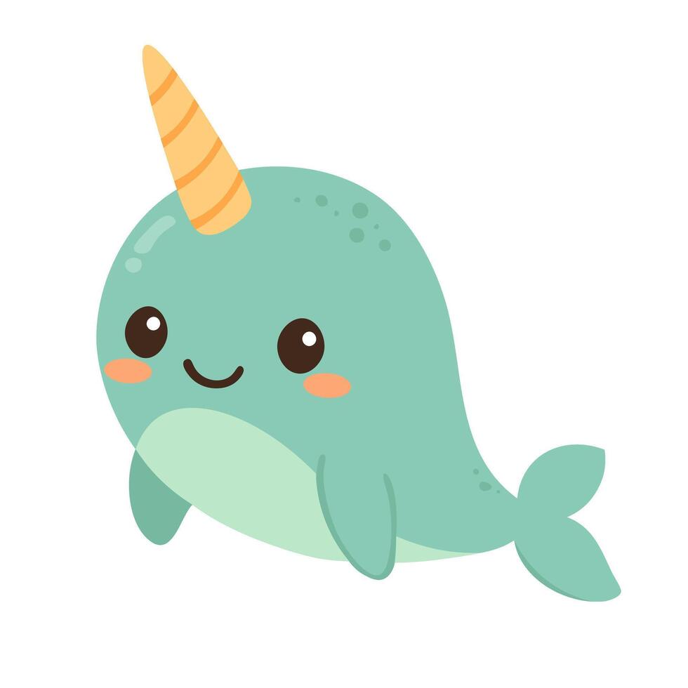 Cute cartoon doodle narwhal clipart in colorful style for children's design. vector