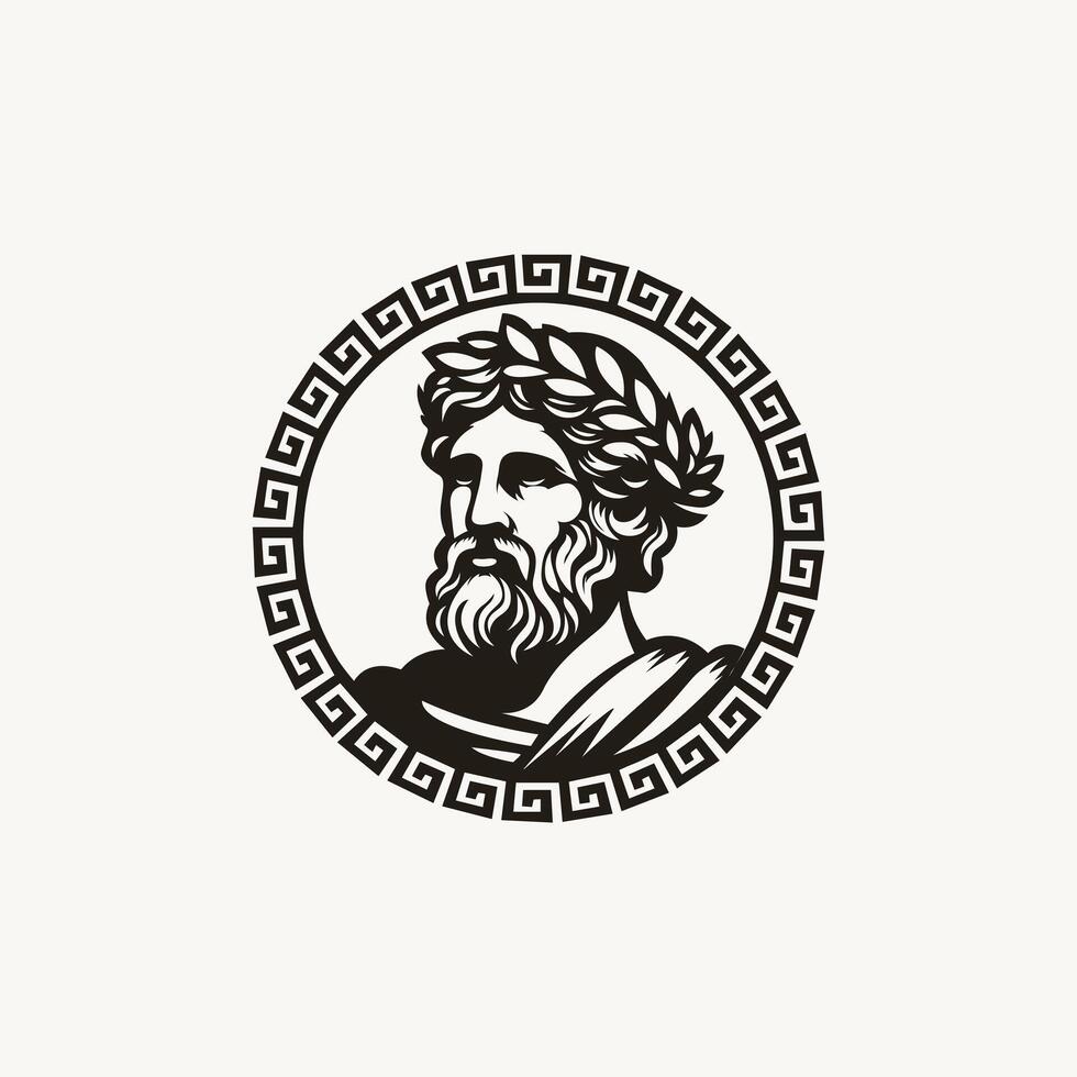 ancient greek philosopher with wreath and greeks border logo design vector