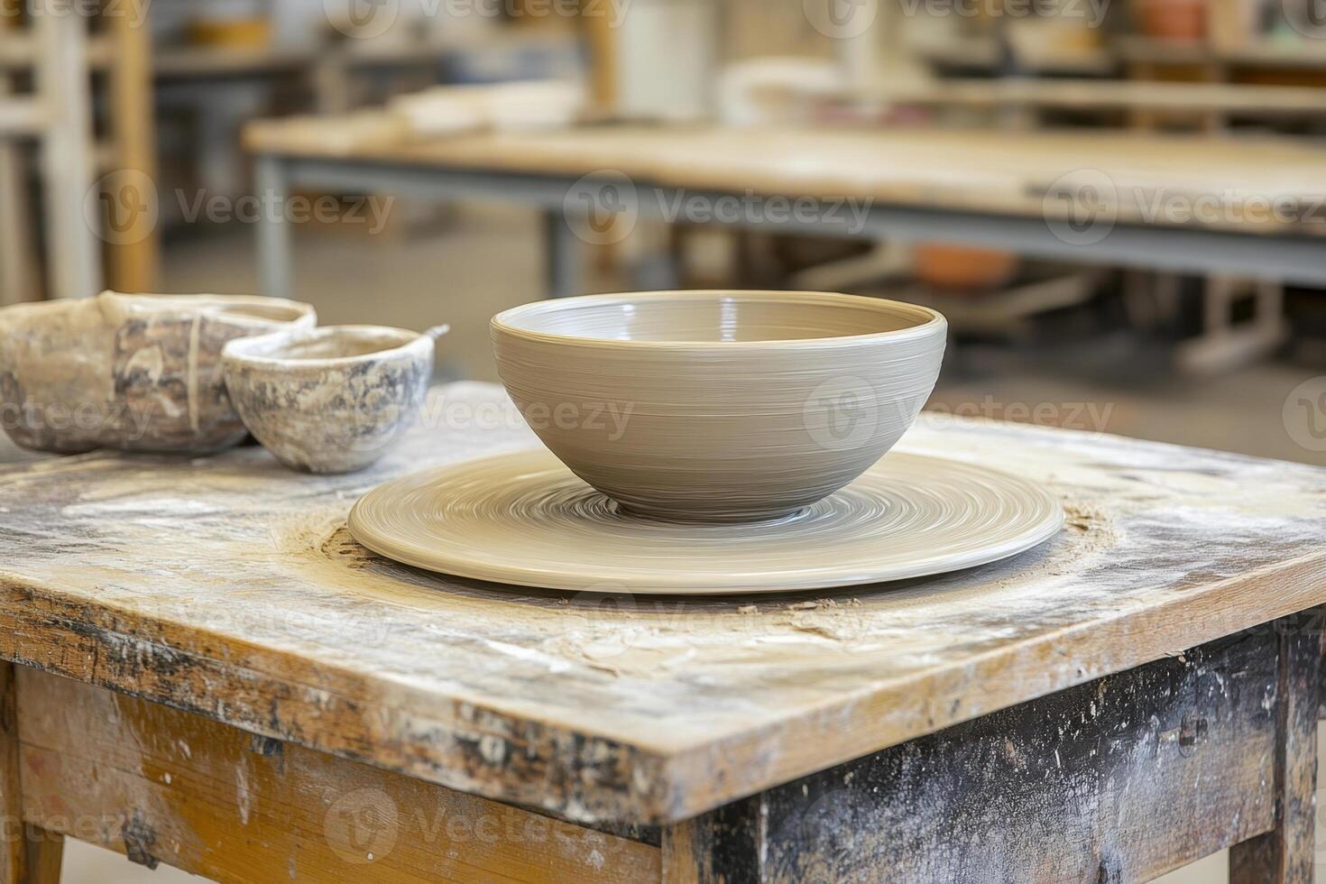 A table with a bowl and two other bowls on it photo