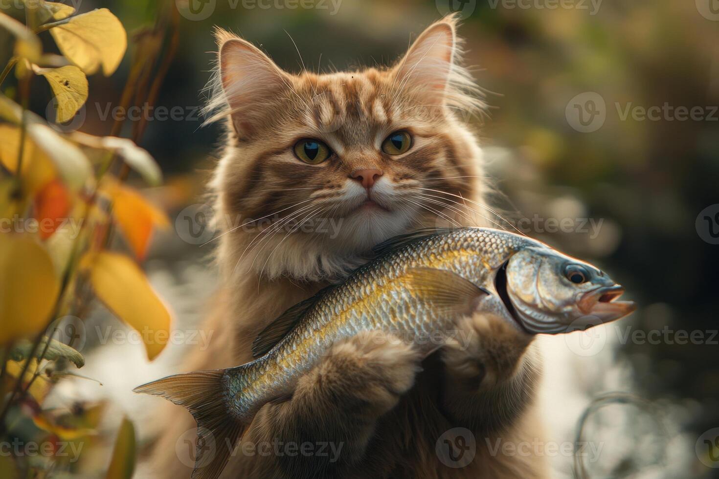 A cat is holding a fish in its mouth photo