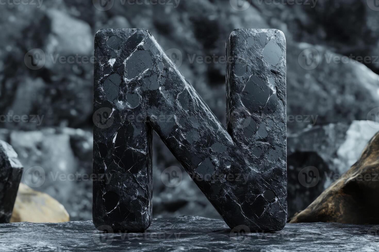 The letter N is made of rocks and has a rough texture photo
