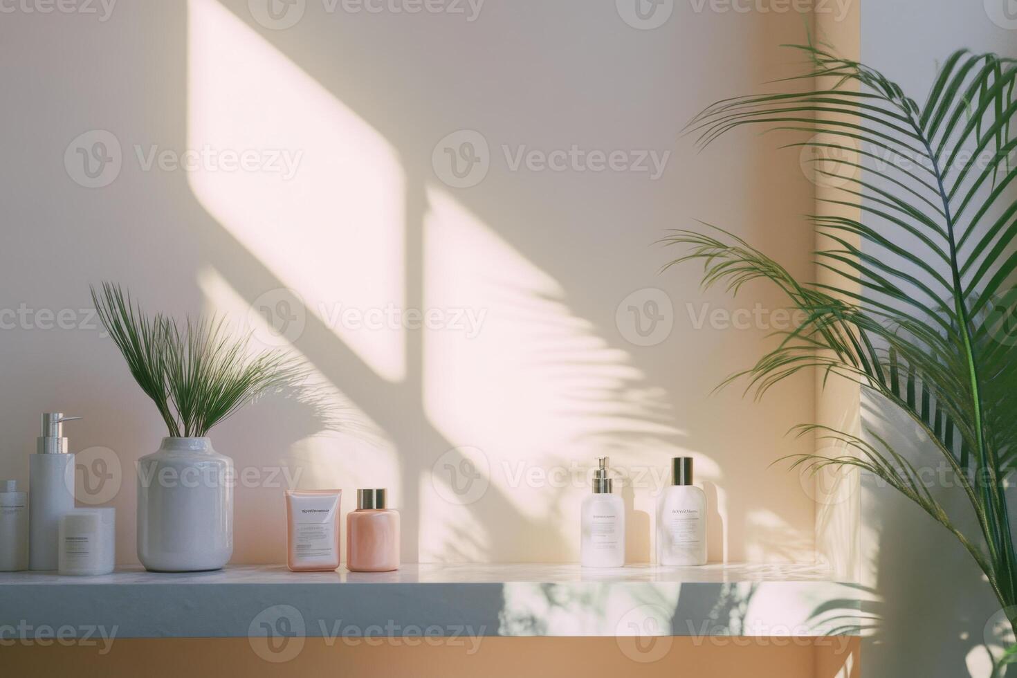 A shelf with a variety of beauty products, including a bottle of lotion photo