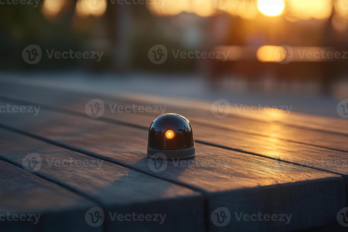 A small black object with a light on it sits on a wooden table photo